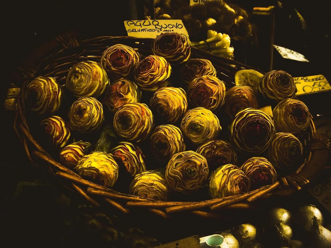 Angjinare të freskëta në një treg romak, Romë, Itali – karçofe tradicionale të ekspozuara